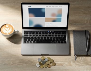 Laptop showing a simple website beside a coffee, a notebook and a small pile of coins on a wooden desk