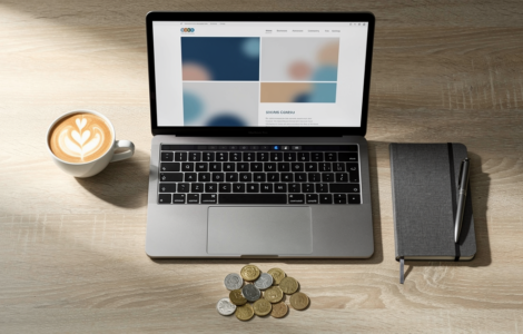 Laptop showing a simple website beside a coffee, a notebook and a small pile of coins on a wooden desk