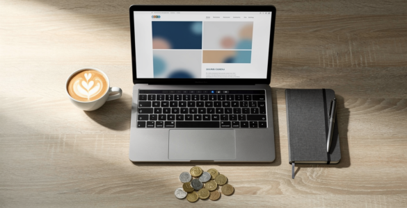 Laptop showing a simple website beside a coffee, a notebook and a small pile of coins on a wooden desk