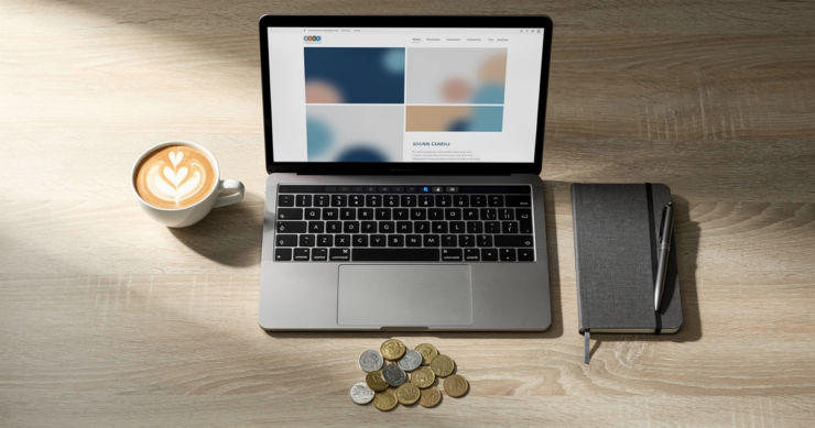 Laptop showing a simple website beside a coffee, a notebook and a small pile of coins on a wooden desk