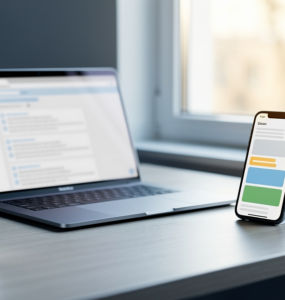 A laptop showing an email inbox in a browser beside a phone showing the same mail in an app, on a bright desk
