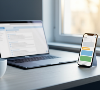A laptop showing an email inbox in a browser beside a phone showing the same mail in an app, on a bright desk
