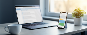A laptop showing an email inbox in a browser beside a phone showing the same mail in an app, on a bright desk
