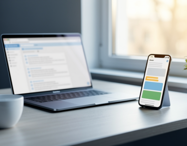 A laptop showing an email inbox in a browser beside a phone showing the same mail in an app, on a bright desk