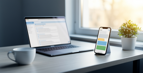 A laptop showing an email inbox in a browser beside a phone showing the same mail in an app, on a bright desk
