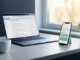 A laptop showing an email inbox in a browser beside a phone showing the same mail in an app, on a bright desk