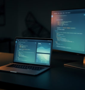 A modern developer workspace at night with a laptop and monitor showing code and dashboards