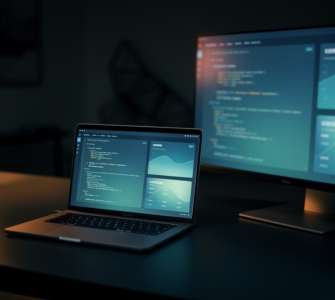A modern developer workspace at night with a laptop and monitor showing code and dashboards