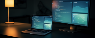 A modern developer workspace at night with a laptop and monitor showing code and dashboards