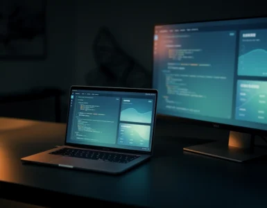 A modern developer workspace at night with a laptop and monitor showing code and dashboards