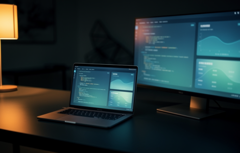 A modern developer workspace at night with a laptop and monitor showing code and dashboards