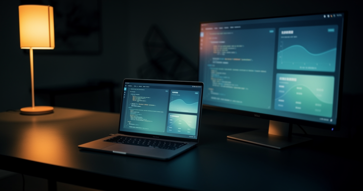 A modern developer workspace at night with a laptop and monitor showing code and dashboards