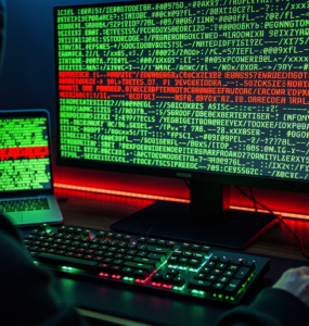 Hooded figure at a keyboard, monitor and laptop glowing with green terminal code, a line highlighted in red signifying an exploit