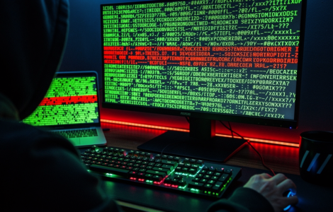 Hooded figure at a keyboard, monitor and laptop glowing with green terminal code, a line highlighted in red signifying an exploit