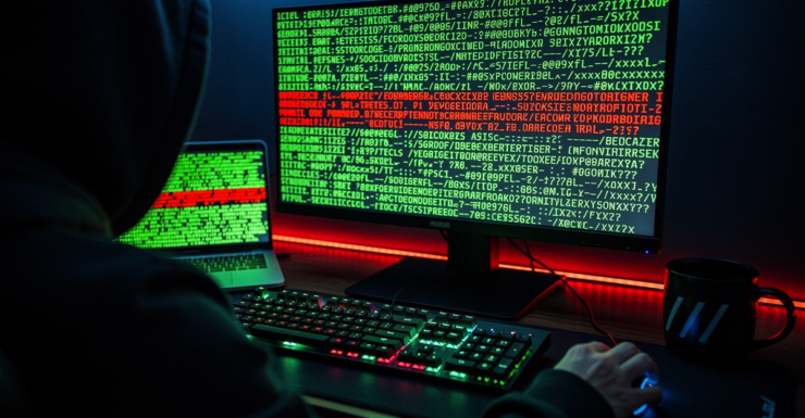 Hooded figure at a keyboard, monitor and laptop glowing with green terminal code, a line highlighted in red signifying an exploit