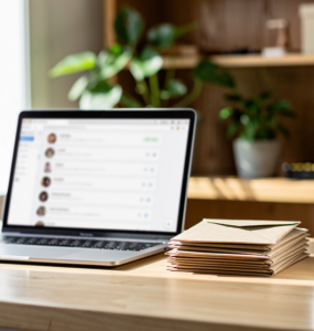 Laptop showing an email inbox on a sunlit shop counter beside a stack of envelopes