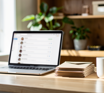 Laptop showing an email inbox on a sunlit shop counter beside a stack of envelopes