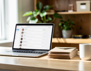 Laptop showing an email inbox on a sunlit shop counter beside a stack of envelopes