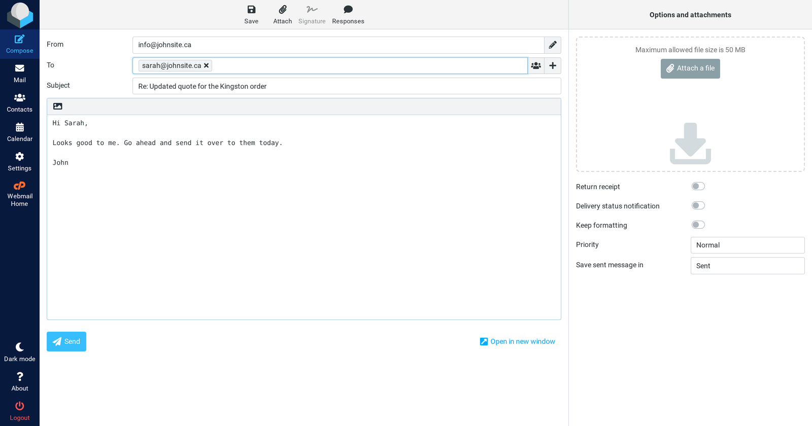 Composing a message. Attachments and sending options sit on the right.