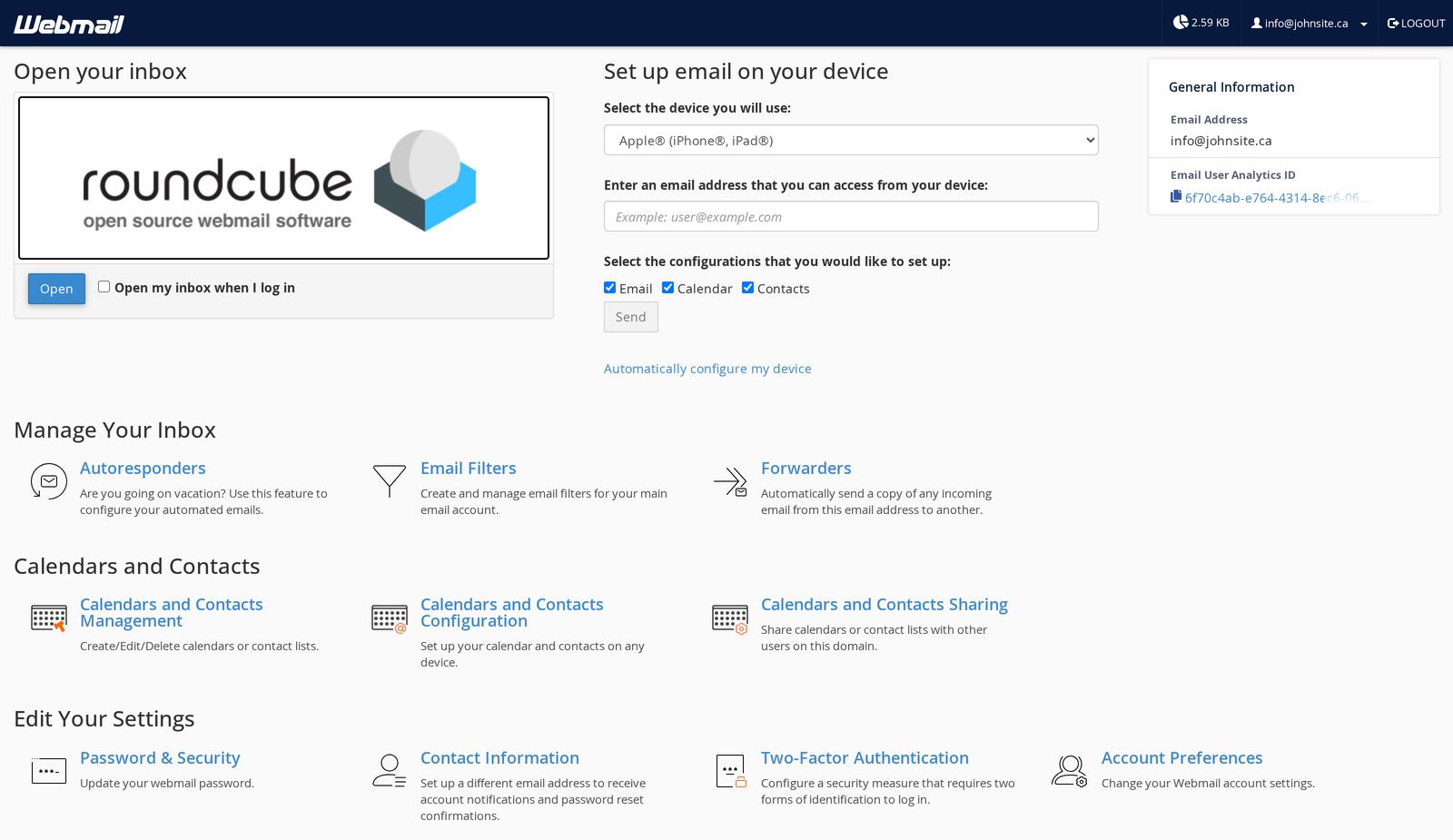 The webmail landing page: device setup, autoresponders, filters, forwarders, calendars, and the password and two-factor settings.
