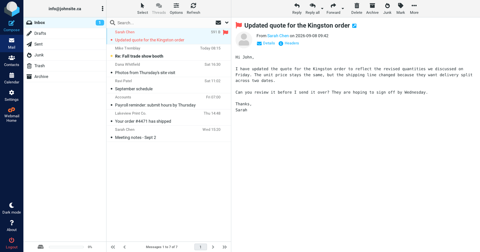 The Roundcube inbox: folders, message list, and the open message side by side.