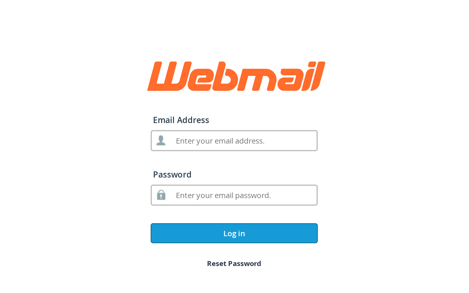 The webmail login page. The username is the full email address; the password is the mailbox password, not the cPanel one.