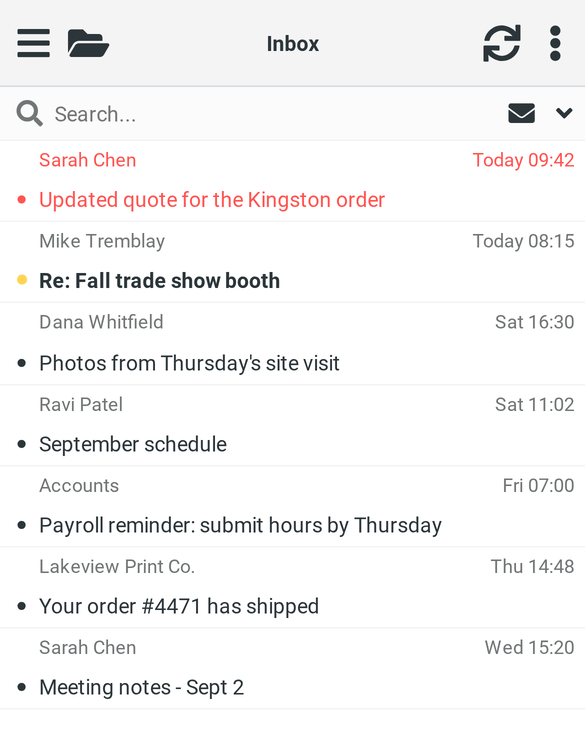 The same inbox on a phone. The Elastic layout adapts to the screen size.