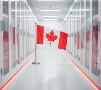 A small Canadian flag standing in a bright modern data centre aisle with red LED accents