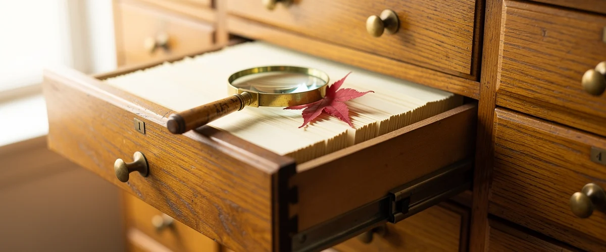 A library card catalogue drawer open with a magnifying glass and a red maple leaf resting on the index cards