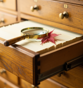 A library card catalogue drawer open with a magnifying glass and a red maple leaf resting on the index cards