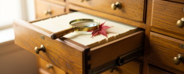A library card catalogue drawer open with a magnifying glass and a red maple leaf resting on the index cards