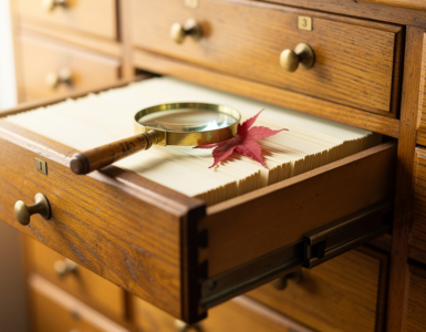A library card catalogue drawer open with a magnifying glass and a red maple leaf resting on the index cards