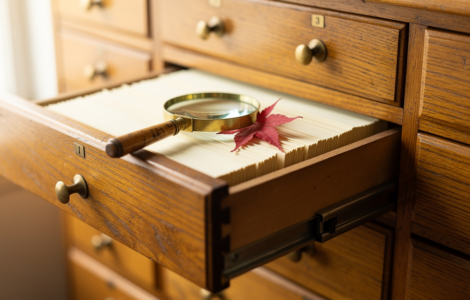 A library card catalogue drawer open with a magnifying glass and a red maple leaf resting on the index cards