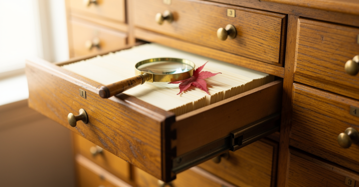 A library card catalogue drawer open with a magnifying glass and a red maple leaf resting on the index cards