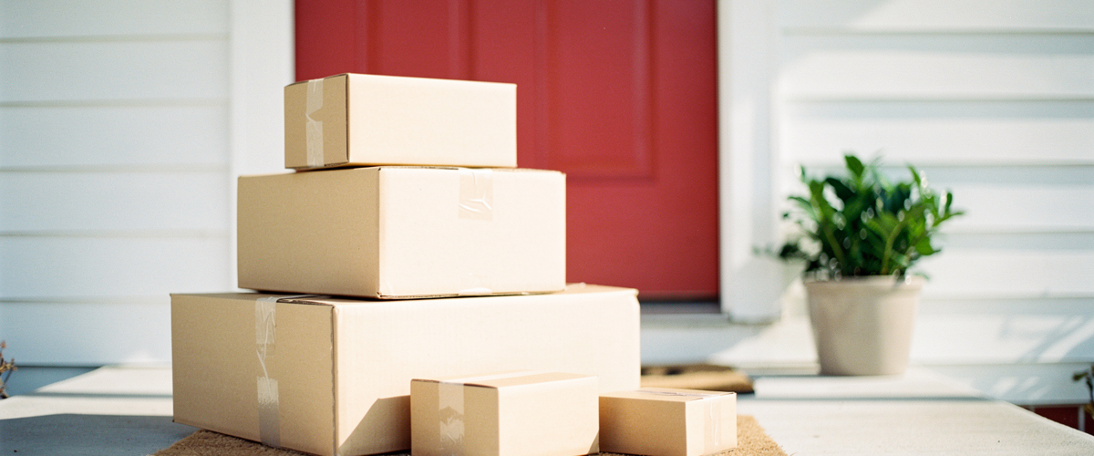 Unopened delivery parcels stacked on a front doorstep