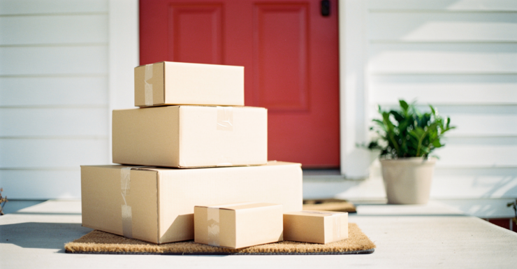 Unopened delivery parcels stacked on a front doorstep